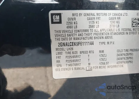 2015 Chevrolet Equinox 2Lt from USA, damaged, VIN 2GNALCEK9F6111144